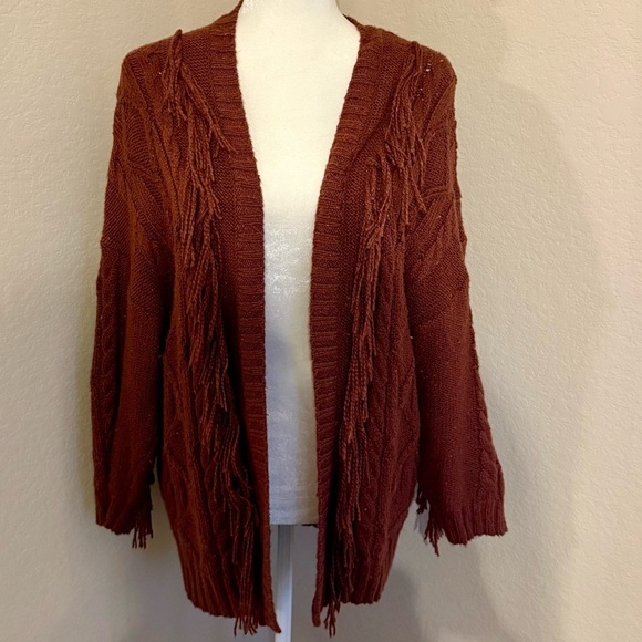 American Eagle Outfitters Sweaters - American Eagle Brown Fringe Oversized Cable Knit Cardigan